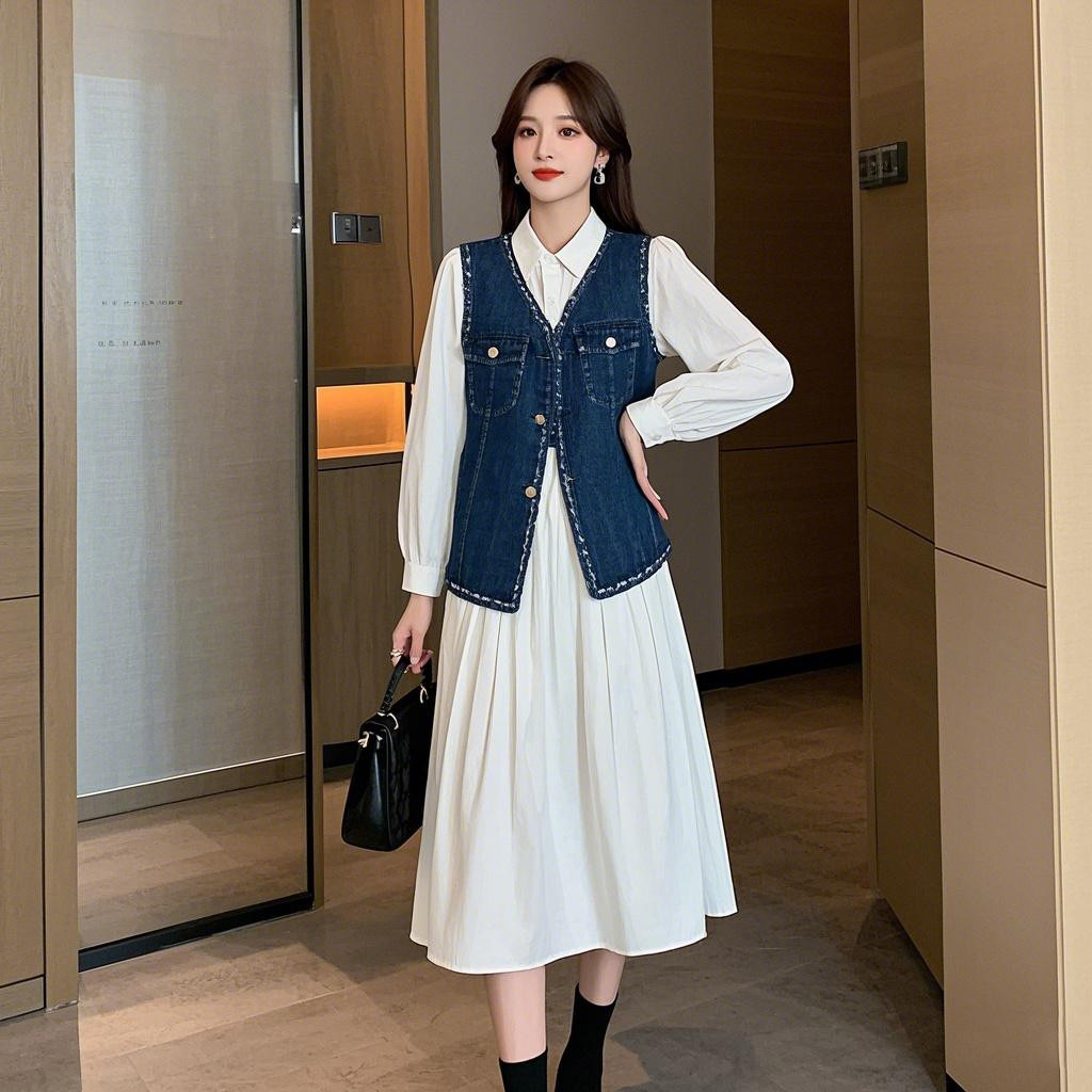 温柔时尚小香风牛仔马甲套装长裙女春秋新款法式气质两件套连衣裙